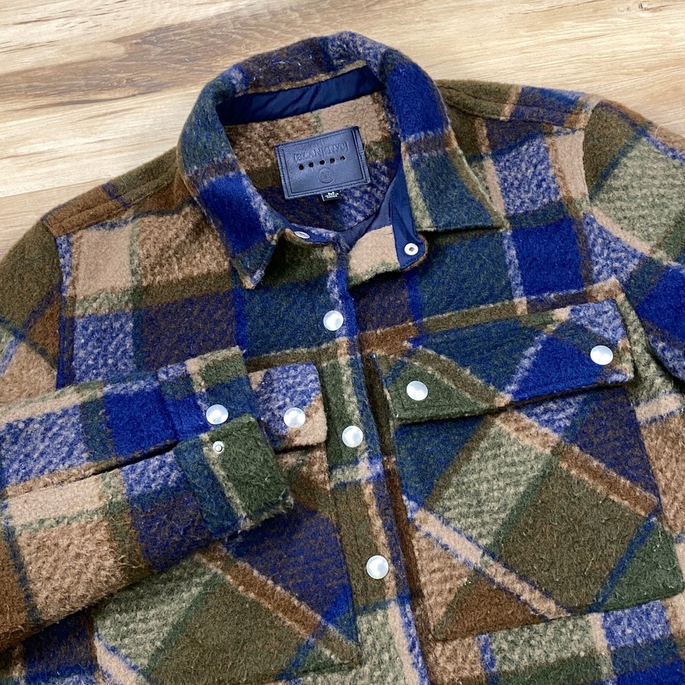 [BLANKNYC] Plaid Shacket Men Medium Workwear Wool Blend Snap Up Brown Blue Plaid